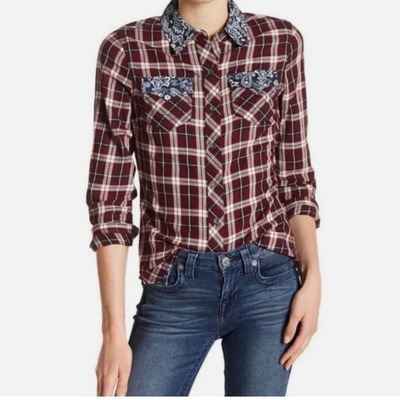 True Religion Collared Western Pocket Red Blue Plaid button up women Shirt large - Picture 1 of 16